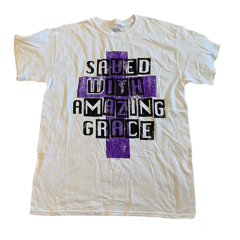 Womens Large Tee Shirt WHITE Christian SAVED WITH AMAZING GRACE Purple Cross L